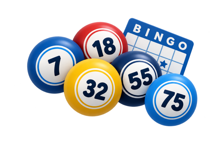 Colorful bingo balls and a bingo card
